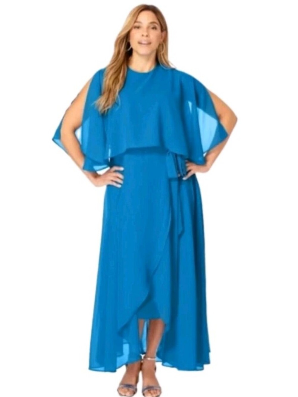 Jessica London Georgette Maxi Cape Sleeve Dress 18W Evening Blue MSRP $190 NWOT